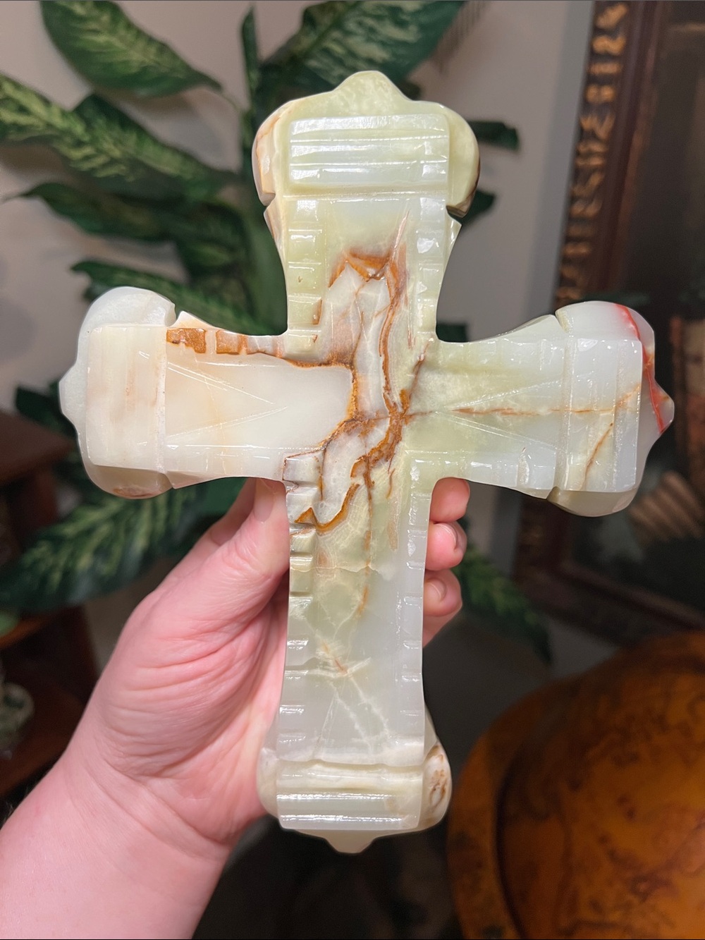 Hand Carved Green Marbled Onyx Cross Crucifix Wall Hanging Art Deco Religious
